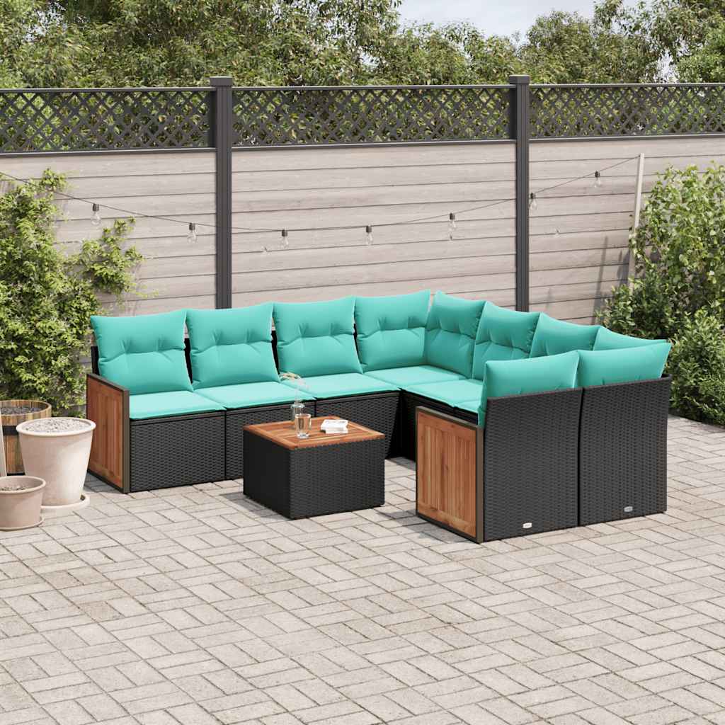 havesofasæt med 9 dele og hynder sort polyrattan