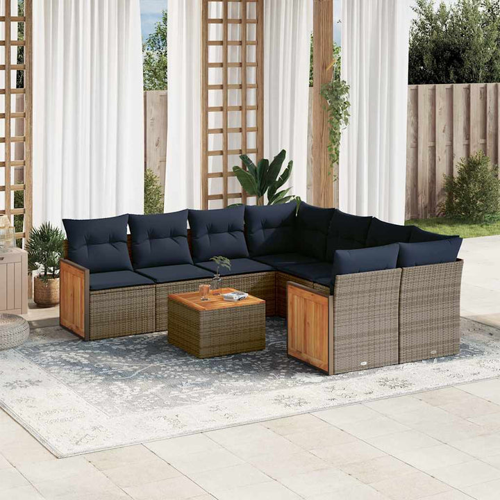 havesofasæt med 9 dele og hynder grå polyrattan