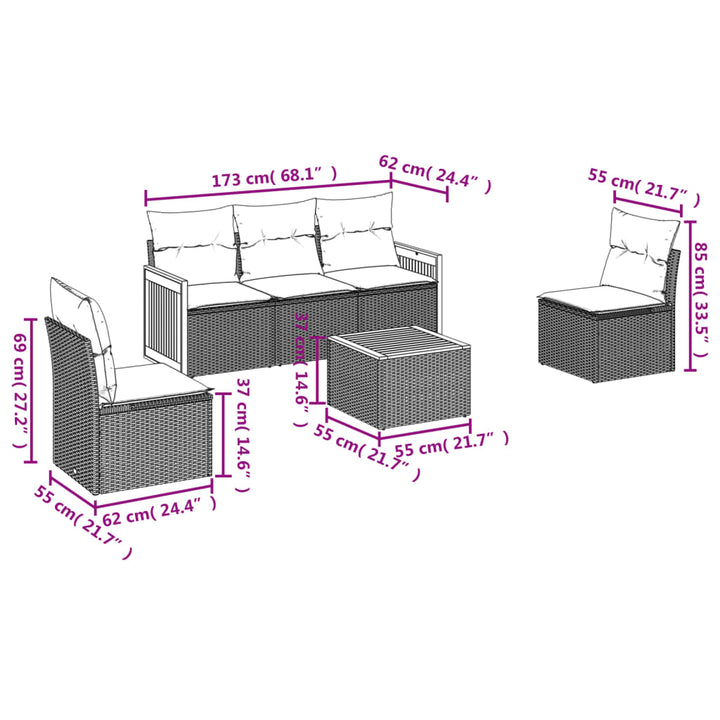 havesofasæt med 6 hynder sort polyrattan