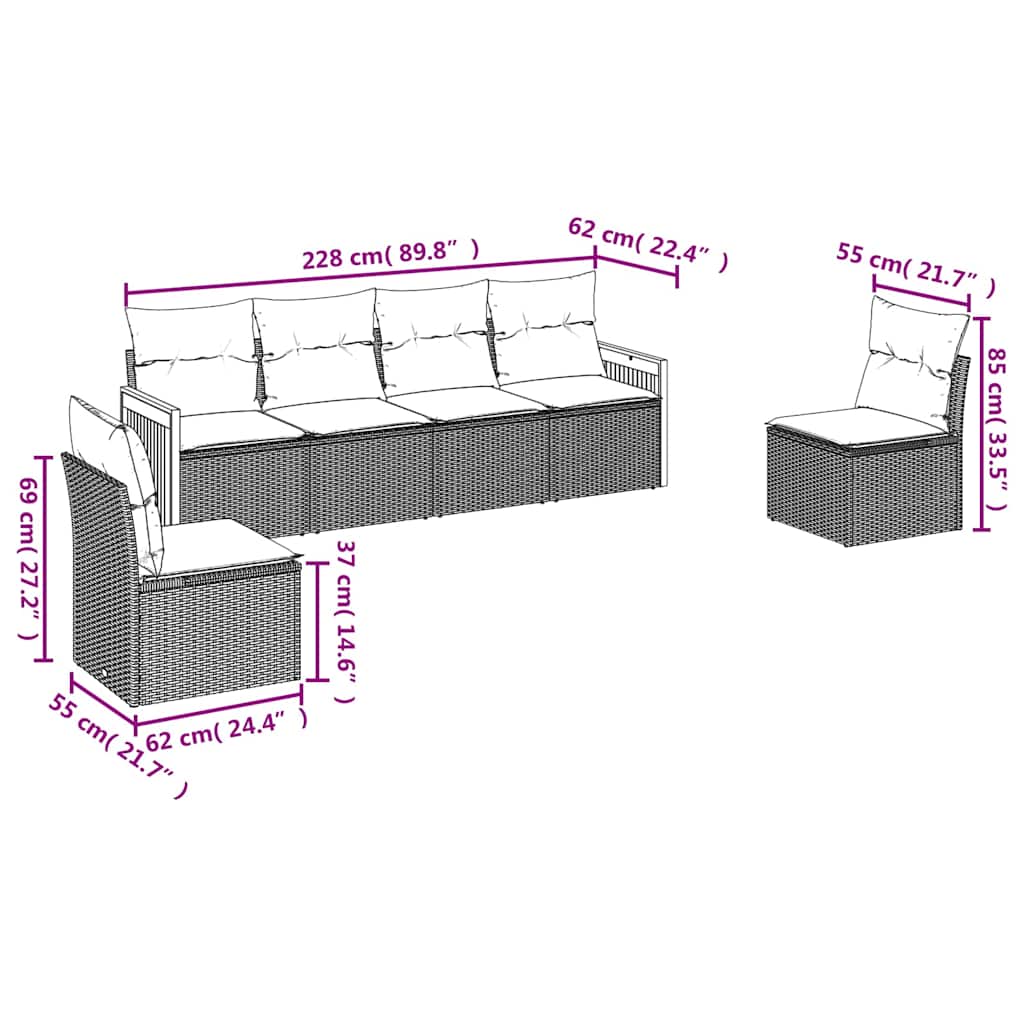 havesofasæt med 6 hynder sort polyrattan