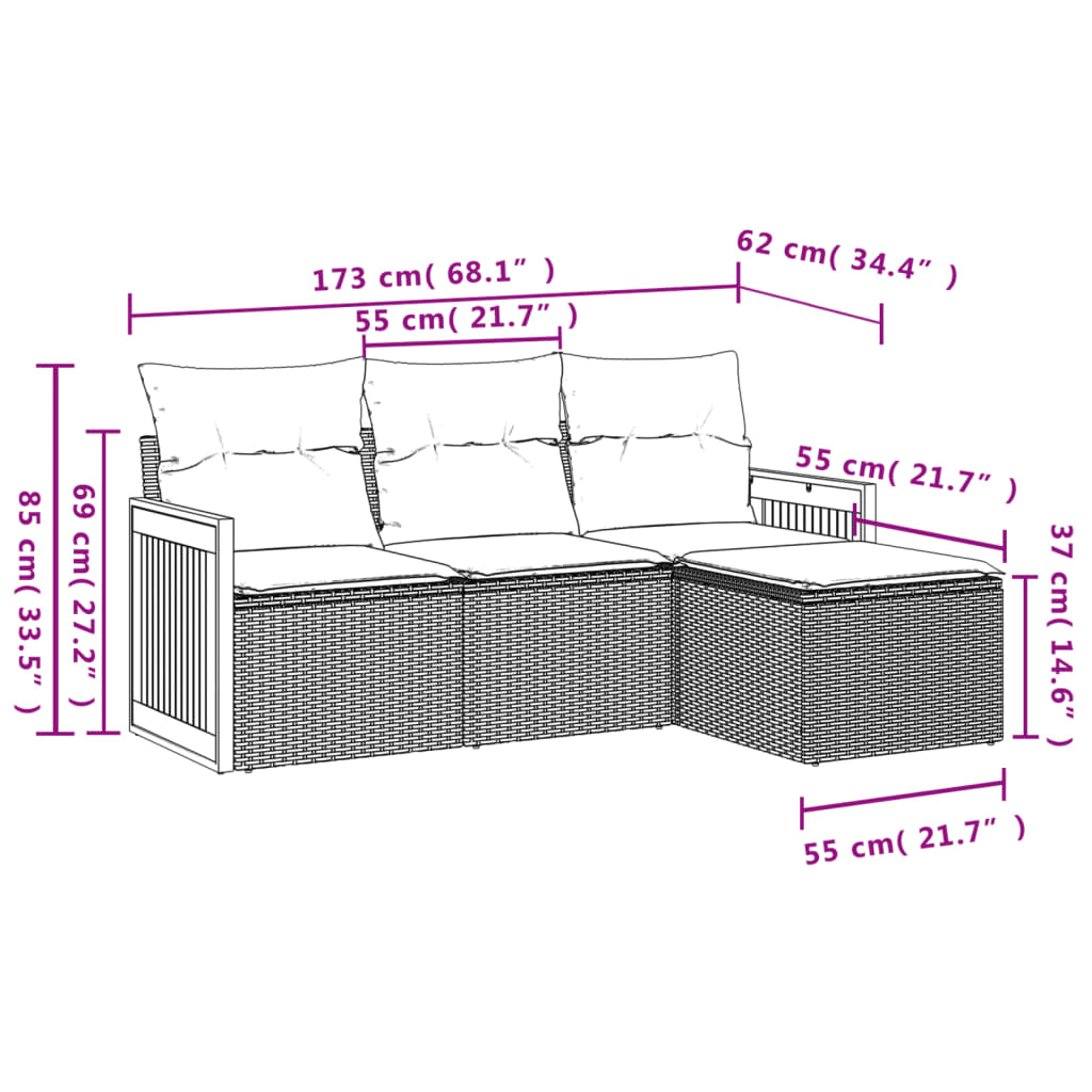 havesofasæt med 4 dele og hynder grå polyrattan
