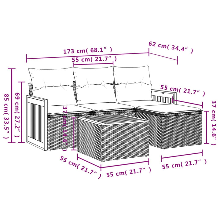 sofasæt 5 dele med hynder polyrattan grå