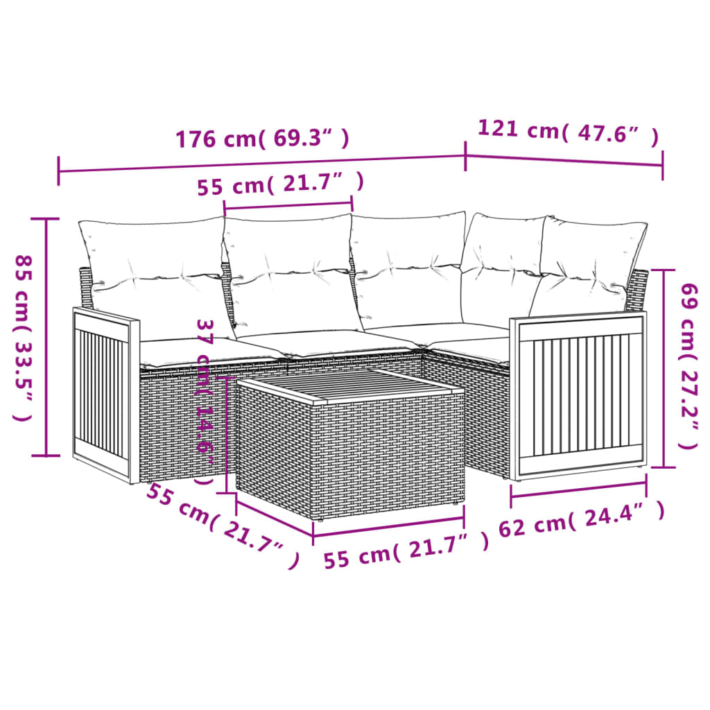 sofasæt 5 dele med hynder polyrattan grå