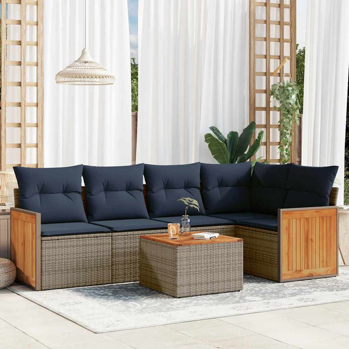 havesofasæt med 6 dele og hynder grå polyrattan