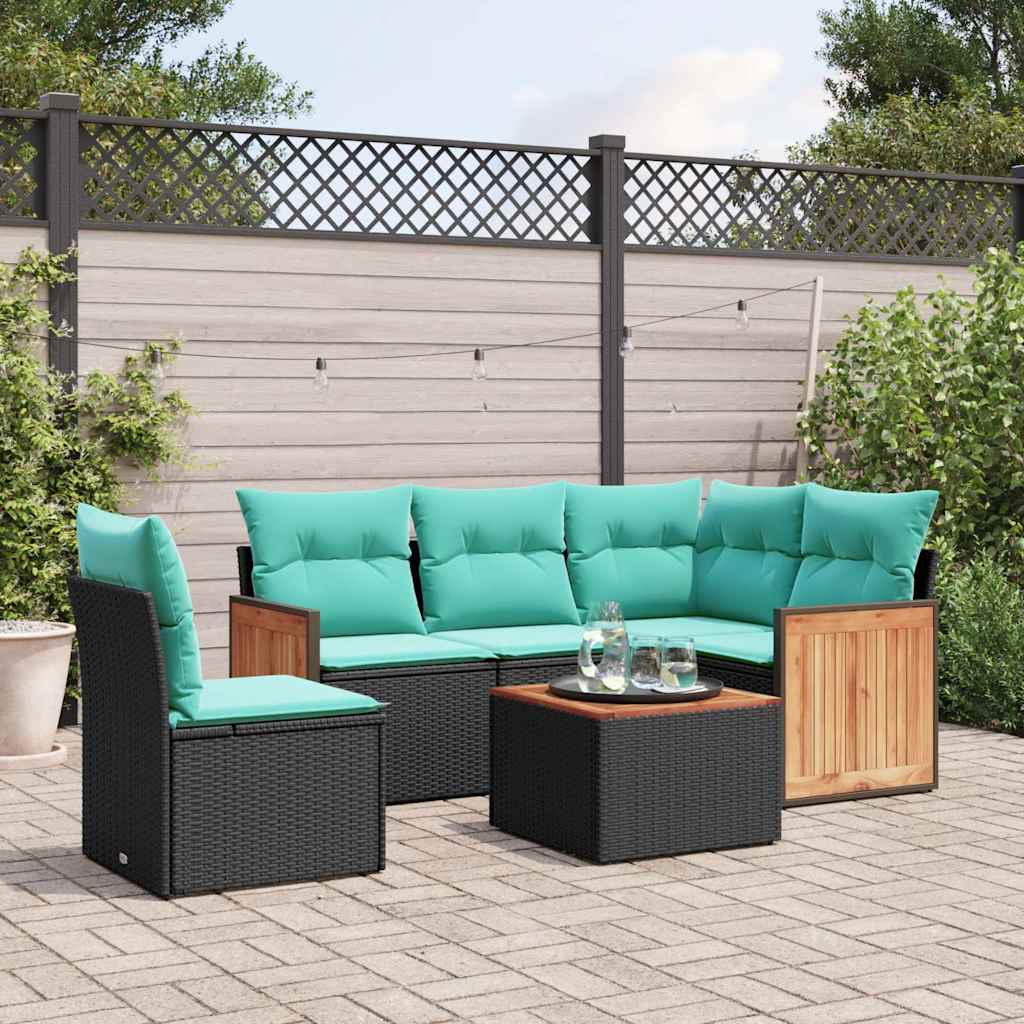 havesofasæt med 6 hynder sort polyrattan
