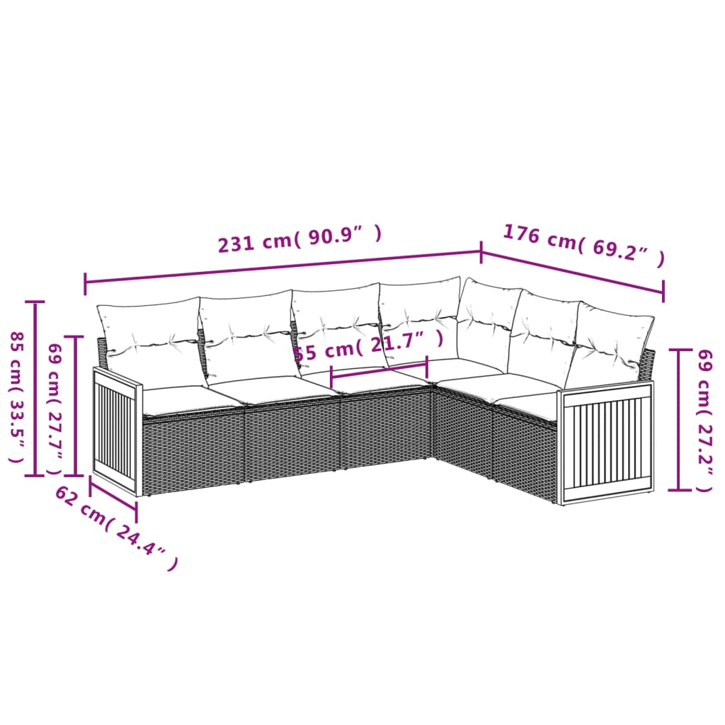 sofasæt til haven 6 dele med hynder polyrattan grå