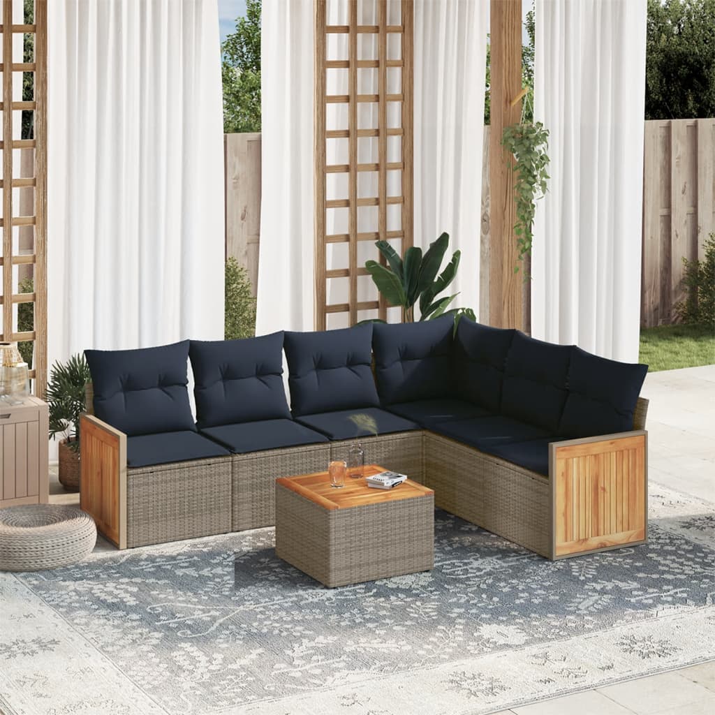 havesofasæt med 7 dele og hynder grå polyrattan