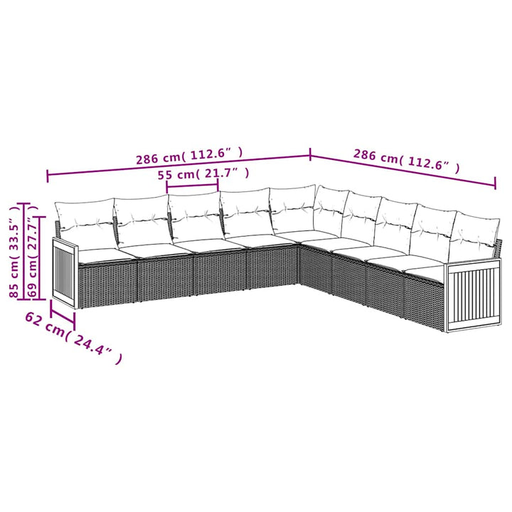 havesofasæt med 9 dele og hynder sort polyrattan