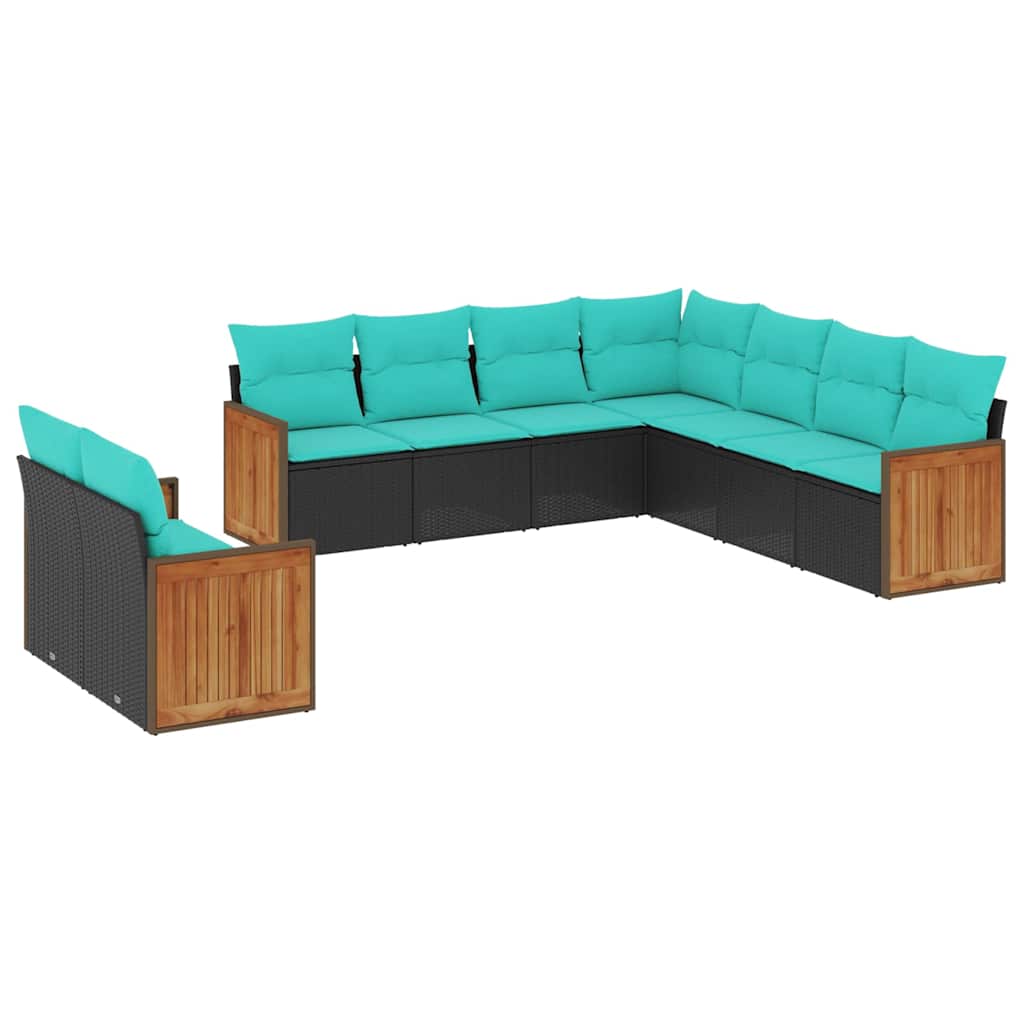 havesofasæt med 9 dele og hynder sort polyrattan