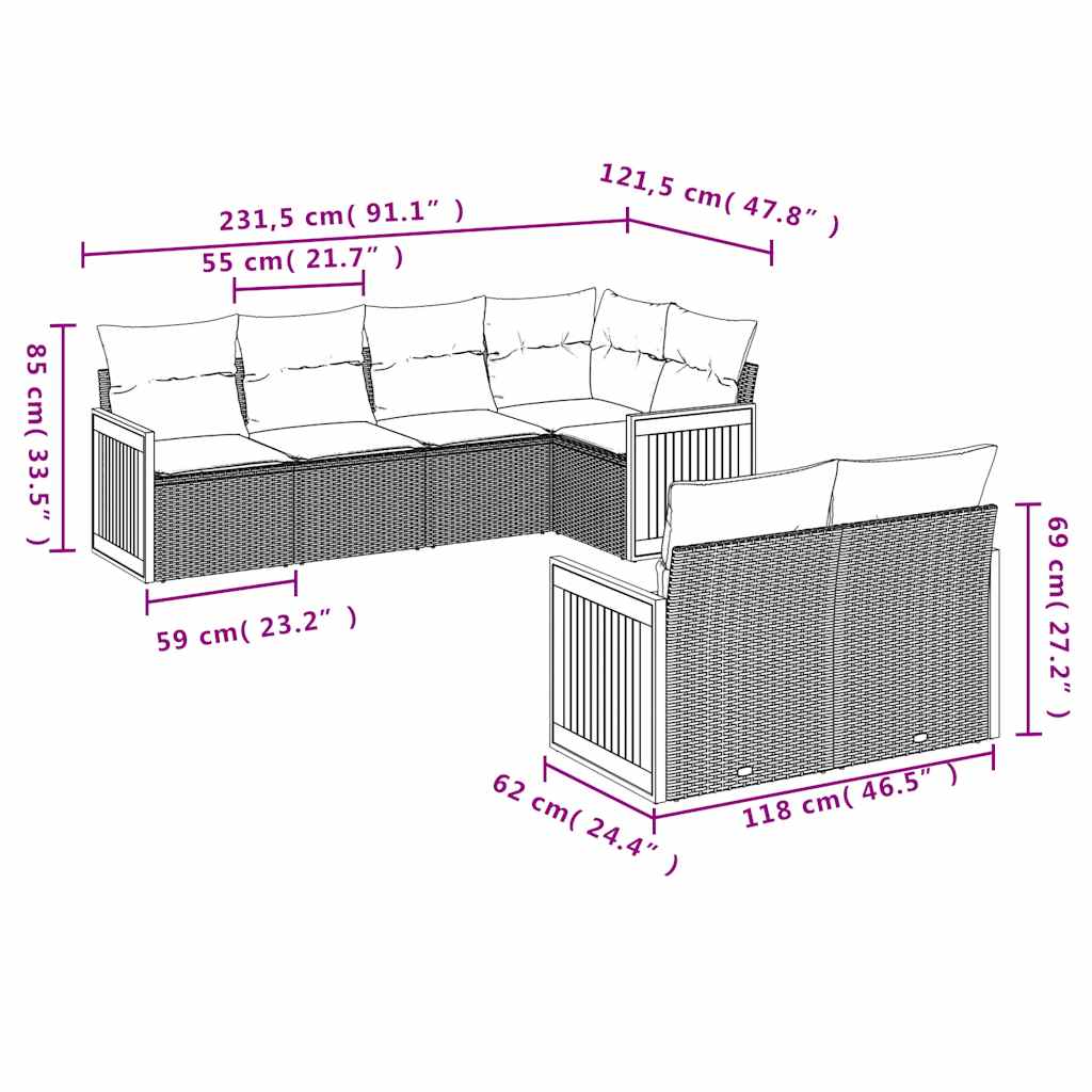 havesofasæt med 7 hynder sort polyrattan