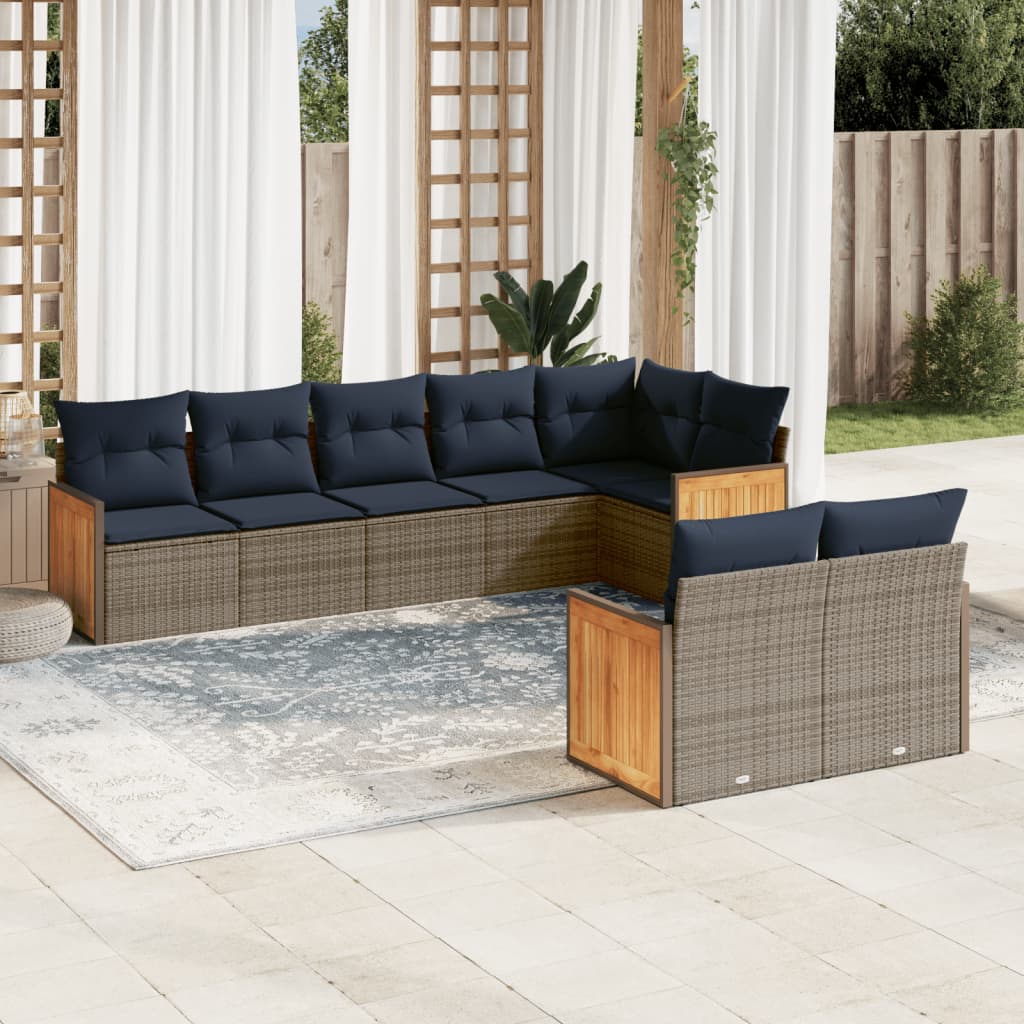 havesofasæt med 8 hynder grå polyrattan