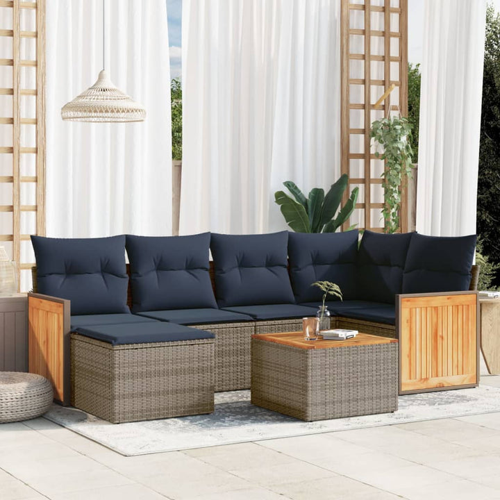 havesofasæt med 7 dele og hynder grå polyrattan