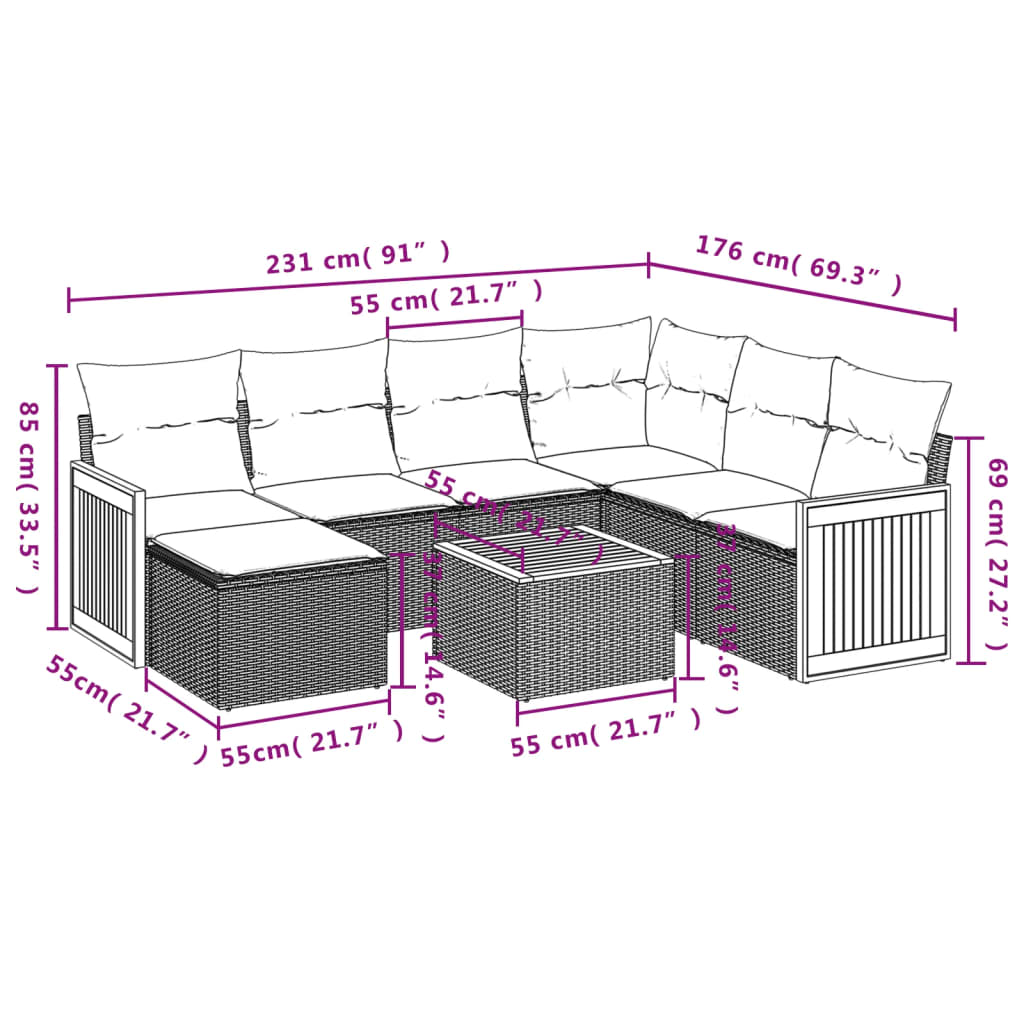 havesofasæt med 8 hynder grå polyrattan