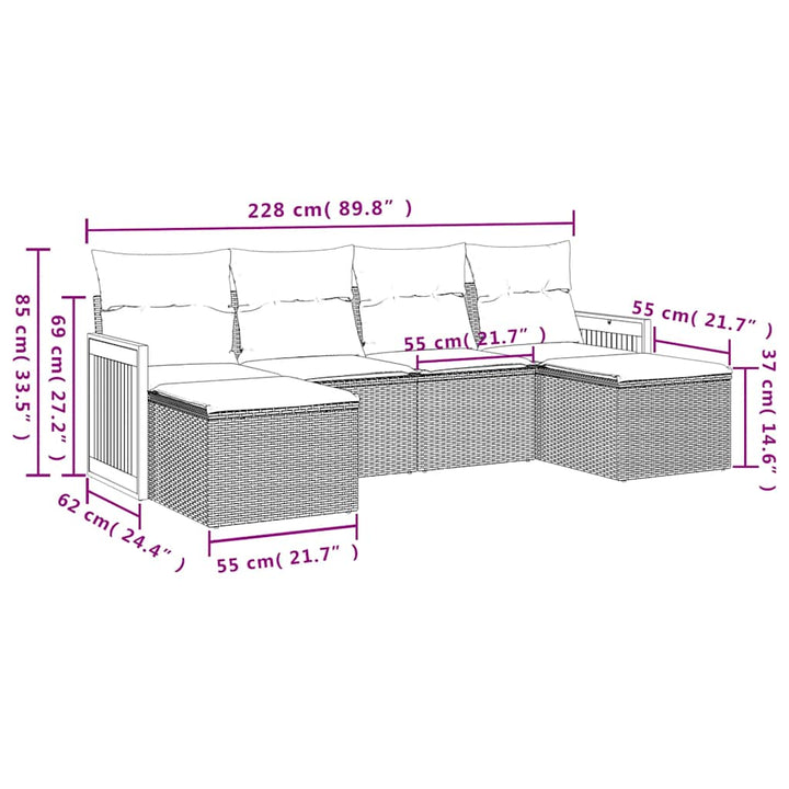 havesofasæt med 6 hynder sort polyrattan