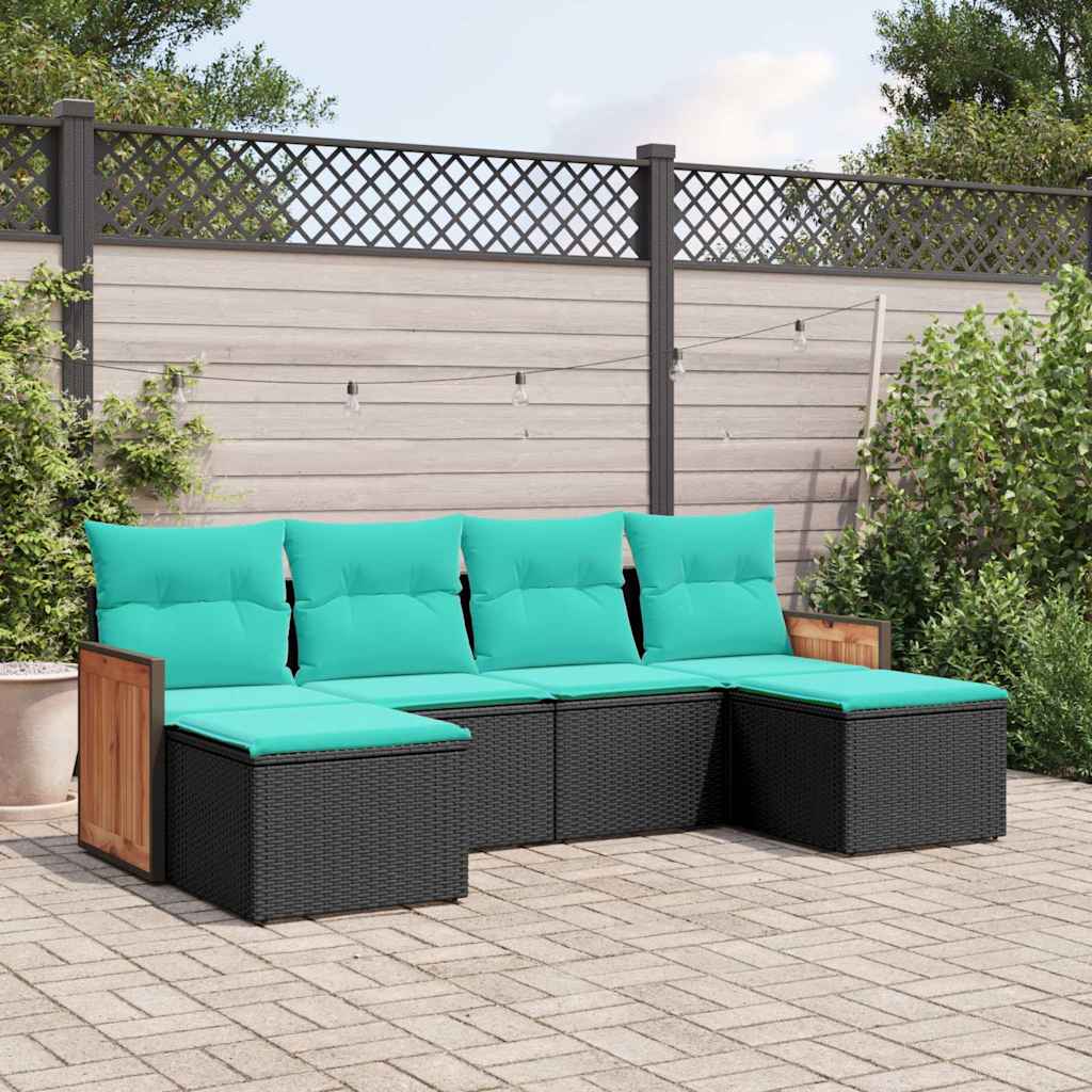 havesofasæt med 6 hynder sort polyrattan