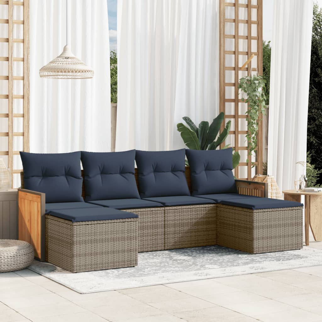 havesofasæt med 6 dele og hynder grå polyrattan