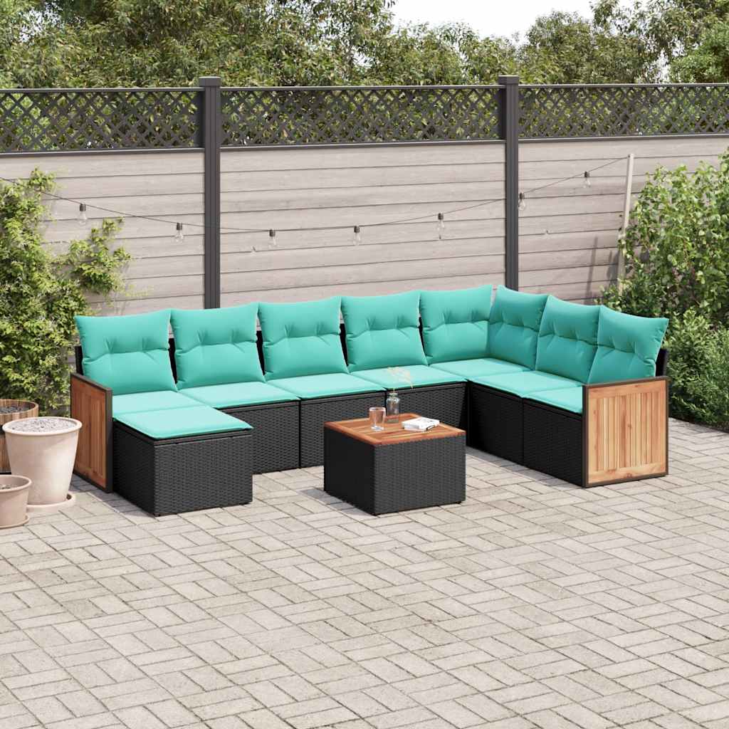 havesofasæt med 9 dele og hynder sort polyrattan