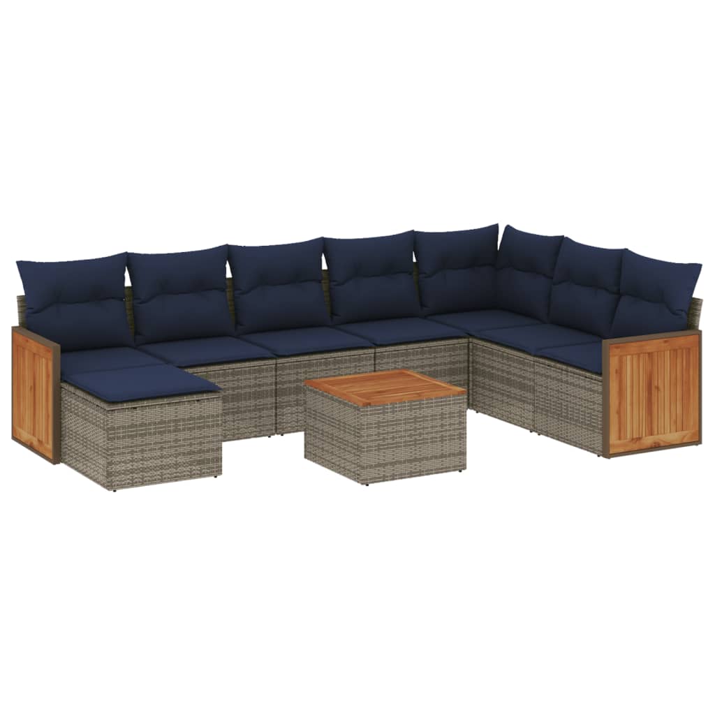 havesofasæt med 9 dele og hynder grå polyrattan