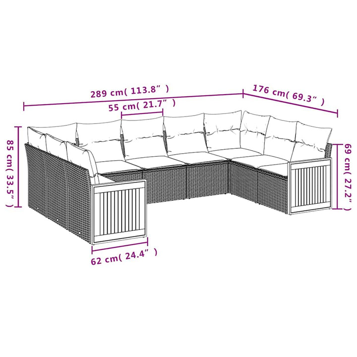 havesofasæt med 9 dele og hynder sort polyrattan