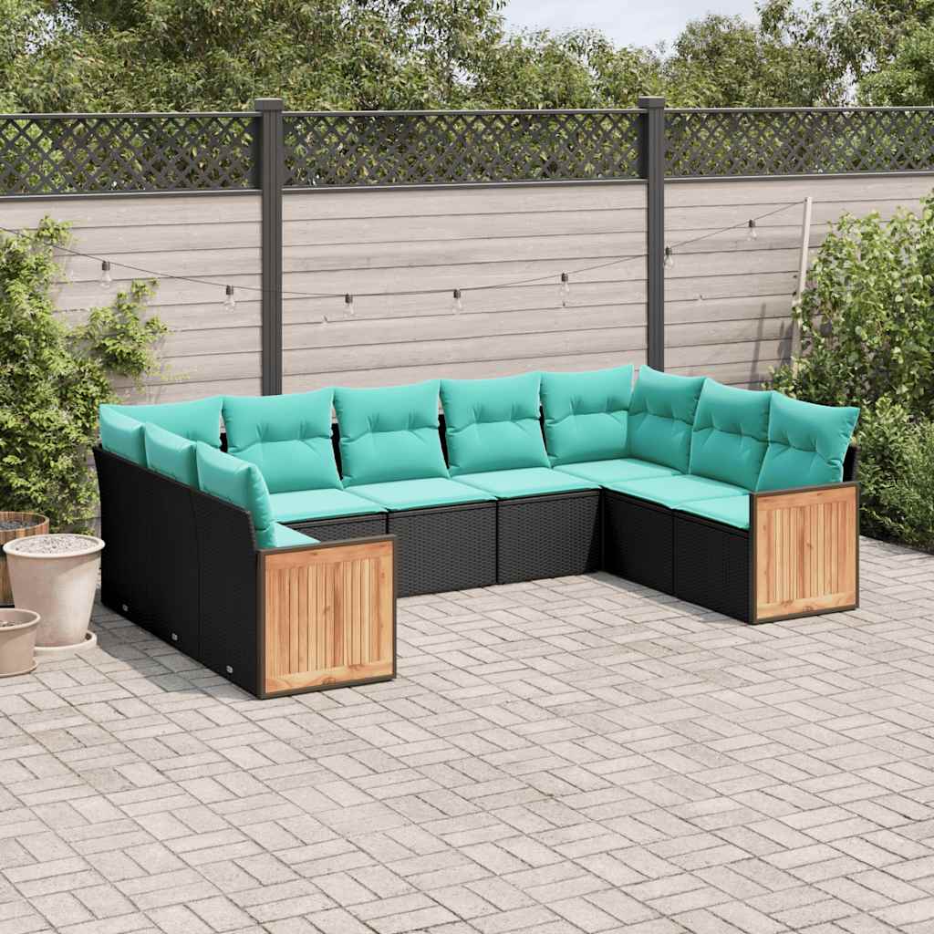 havesofasæt med 9 dele og hynder sort polyrattan