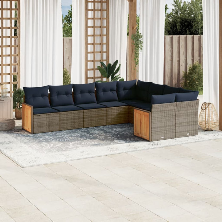 havesofasæt med 9 dele og hynder grå polyrattan