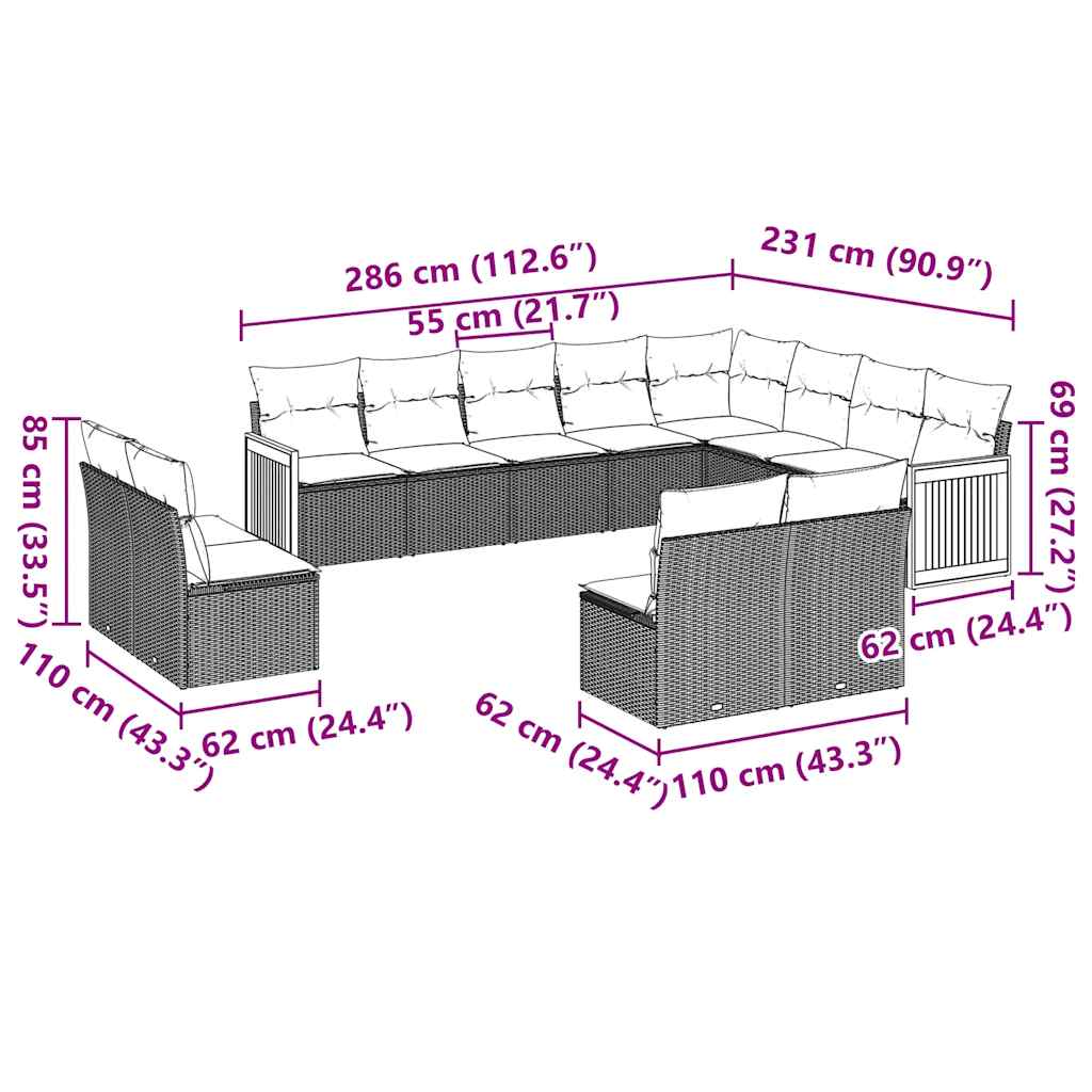sofasæt til haven 12 dele med hynder polyrattan sort