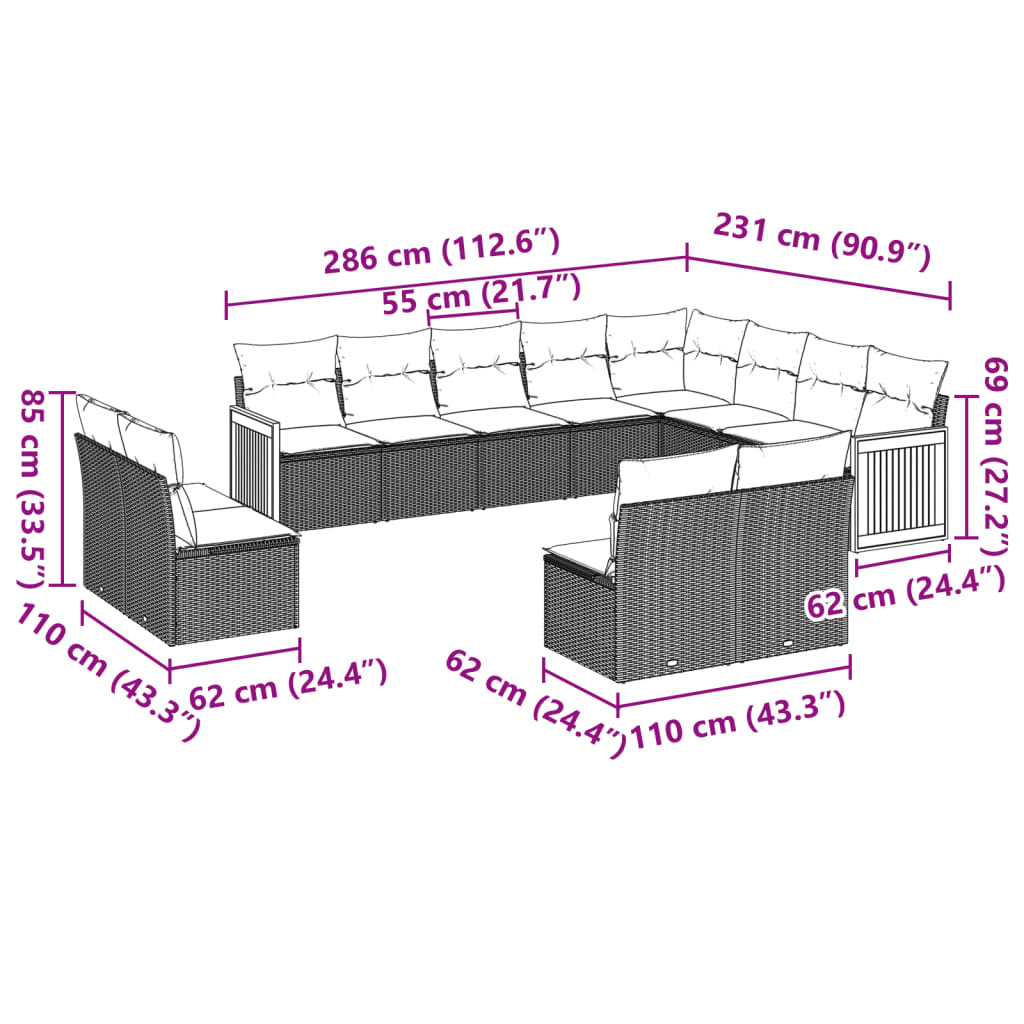 sofasæt til haven 12 dele med hynder polyrattan sort