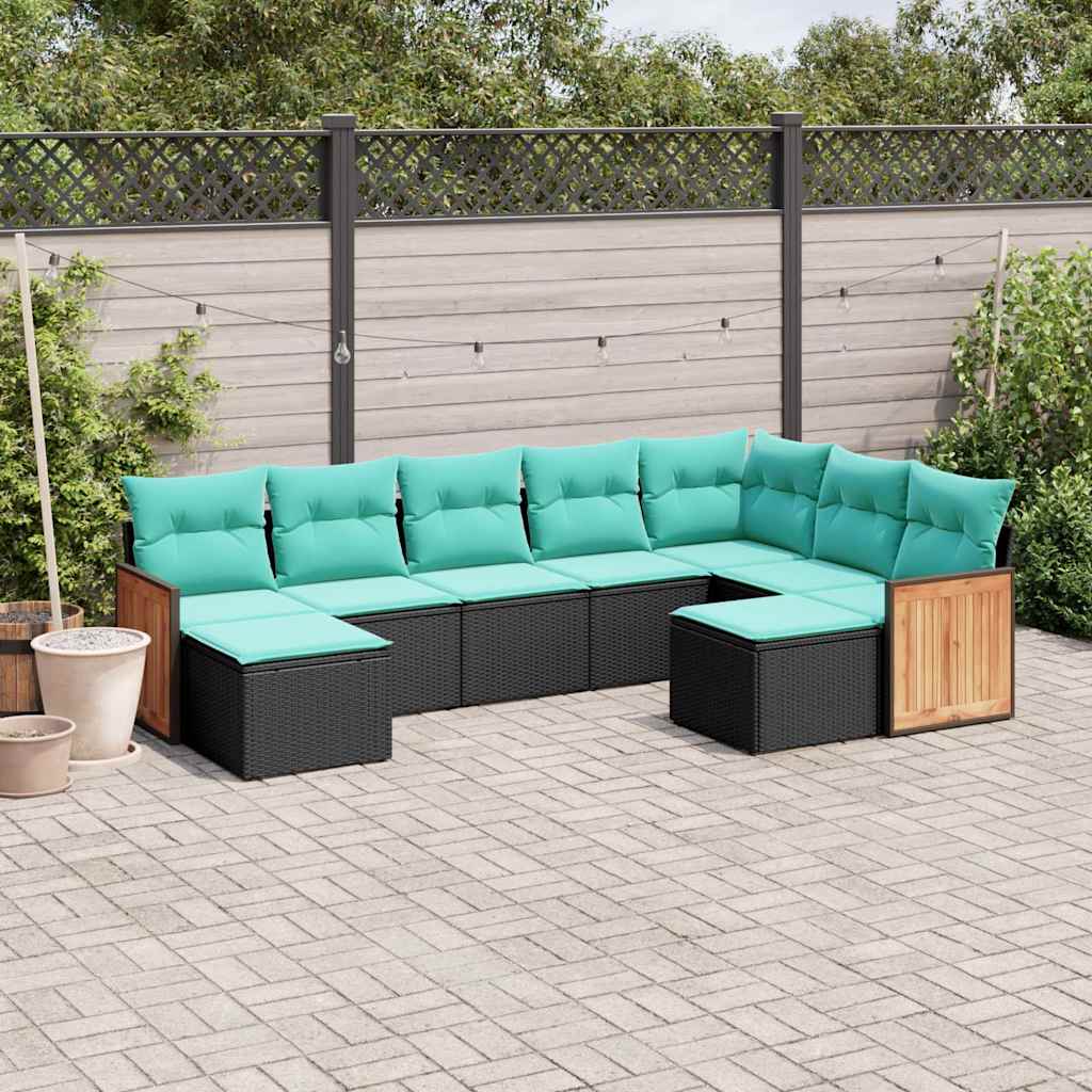 havesofasæt med 9 dele og hynder sort polyrattan
