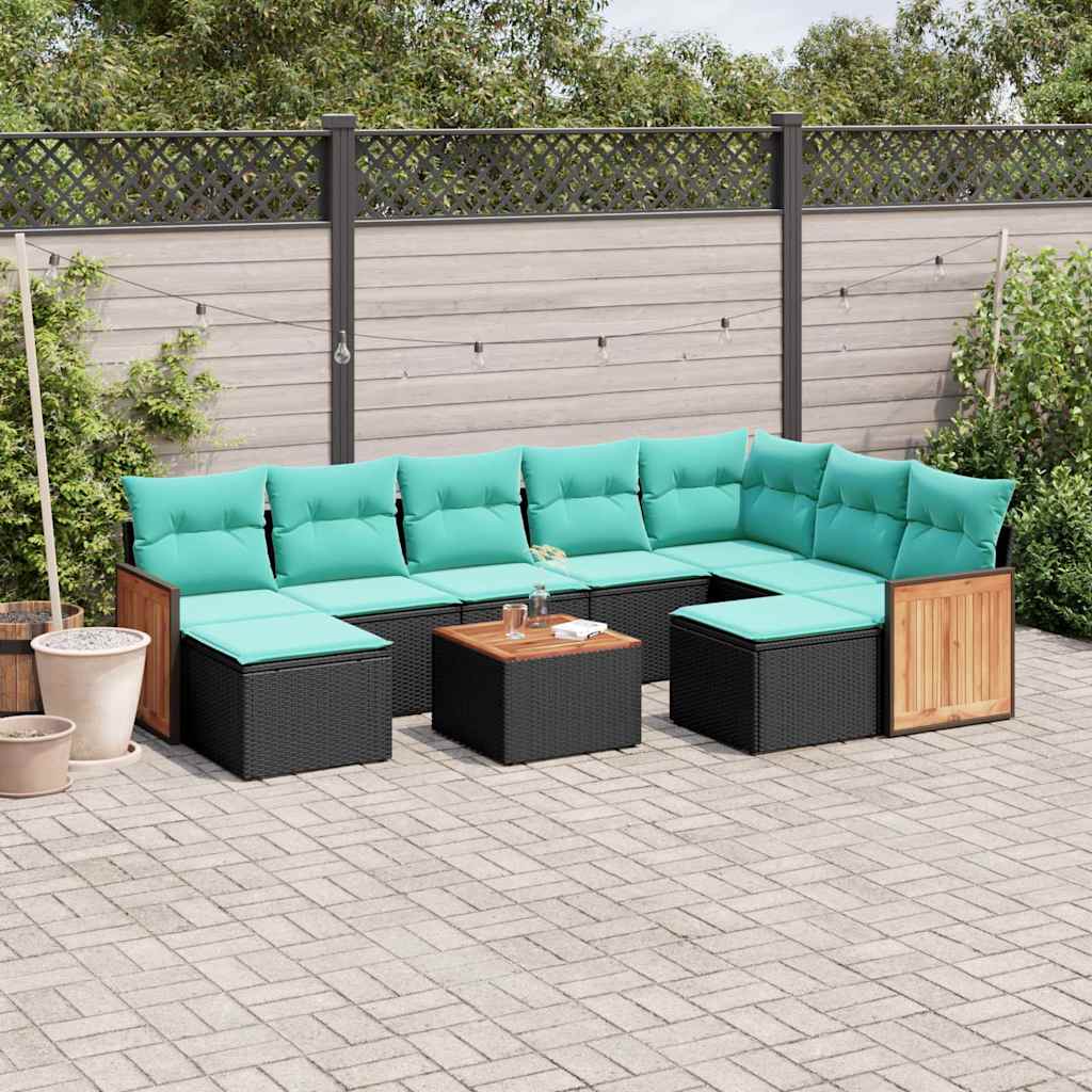 havesofasæt med 10 hynder sort polyrattan