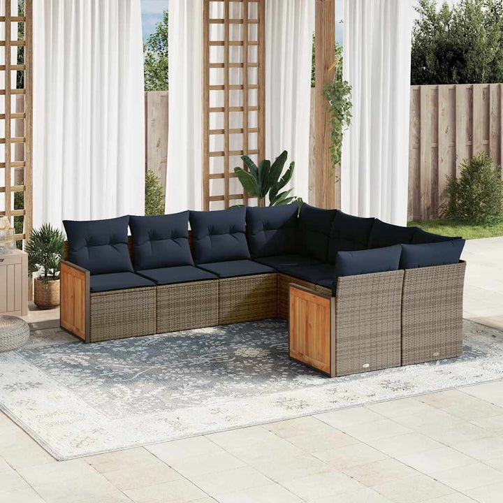havesofasæt med 8 hynder grå polyrattan
