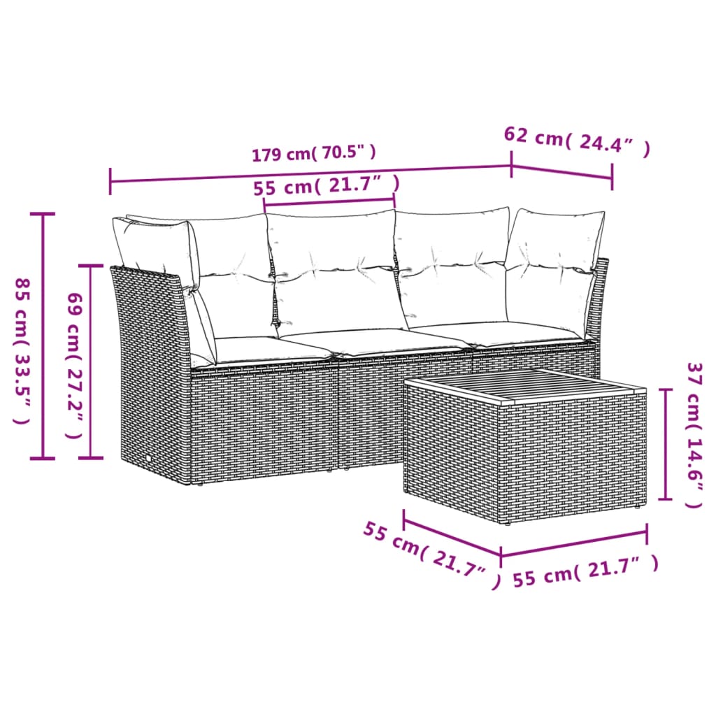 sofasæt til haven 4 dele med hynder polyrattan grå