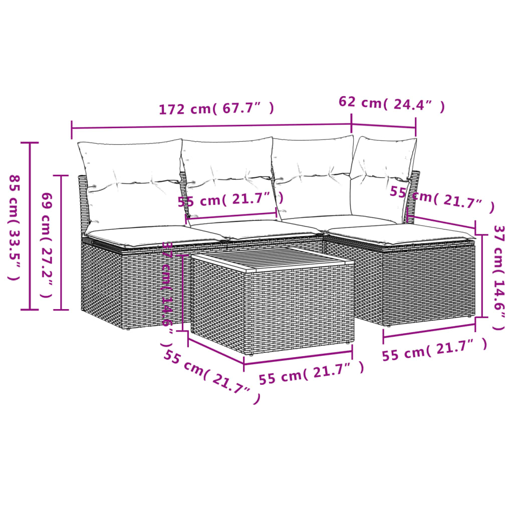 sofasæt 5 dele med hynder polyrattan grå