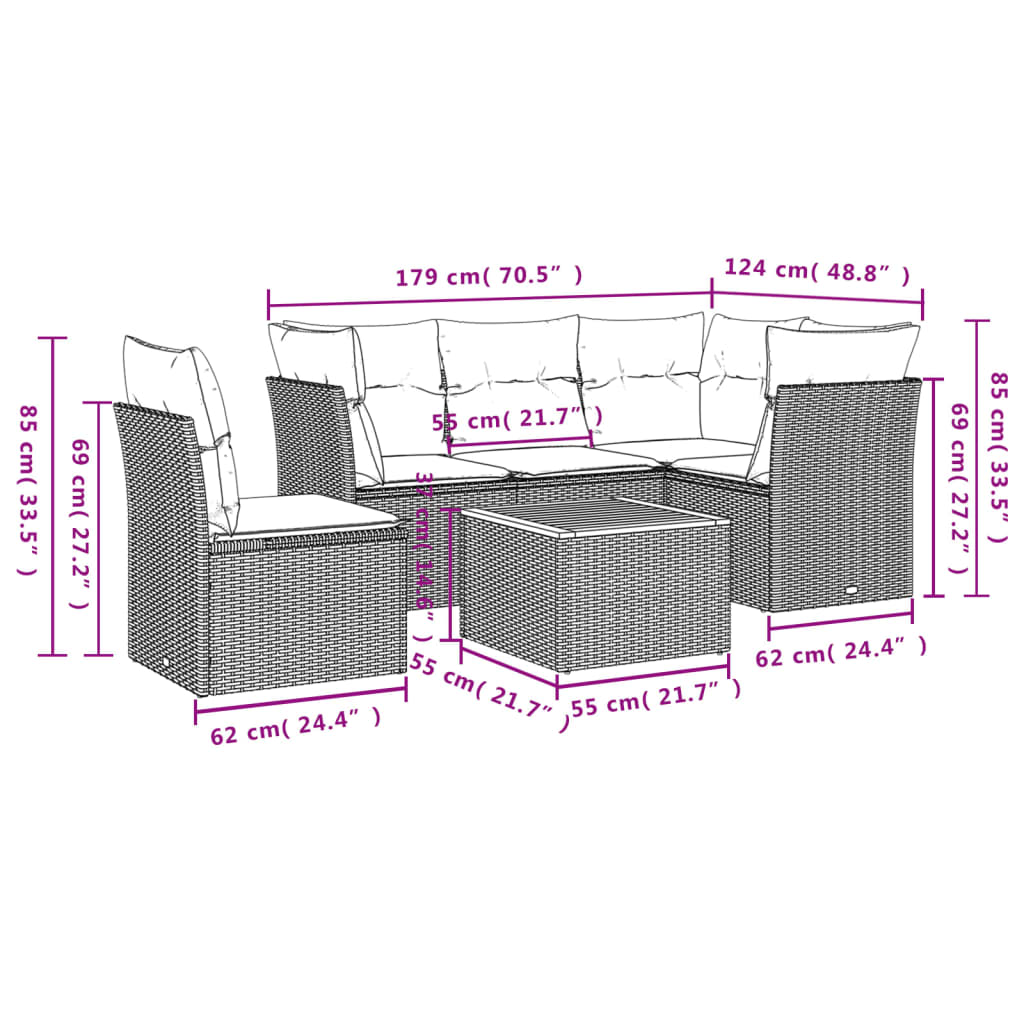 sofasæt til haven 6 dele med hynder polyrattan sort