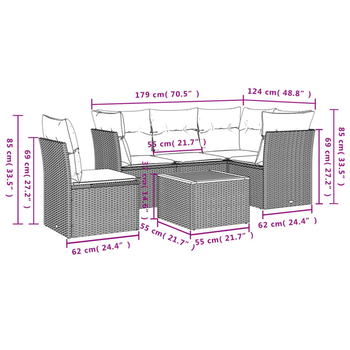 sofasæt til haven 6 dele med hynder polyrattan sort