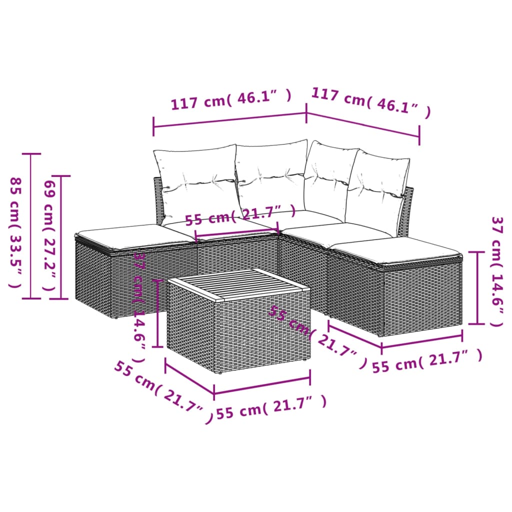 sofasæt til haven 6 dele med hynder polyrattan grå