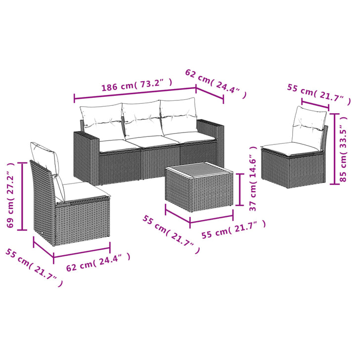 sofasæt til haven 6 dele med hynder polyrattan grå