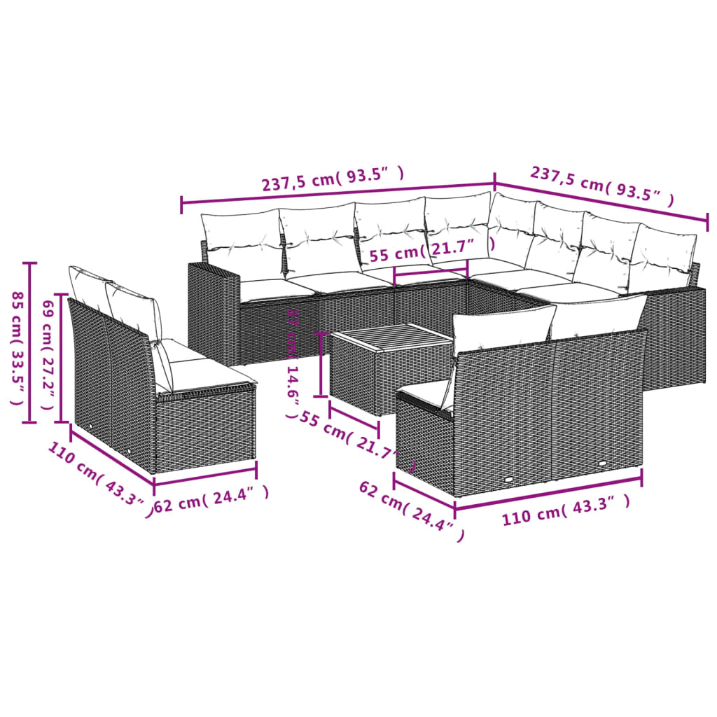 sofasæt til haven 12 dele med hynder polyrattan beige