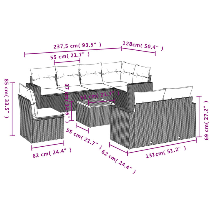 sofasæt til haven 9 dele med hynder polyrattan beige