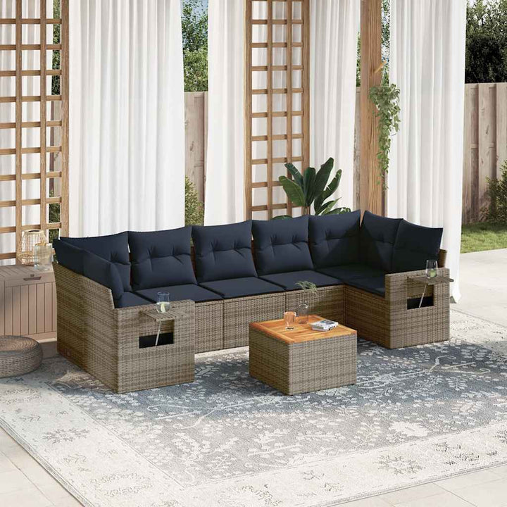 havesofasæt med 8 hynder grå polyrattan