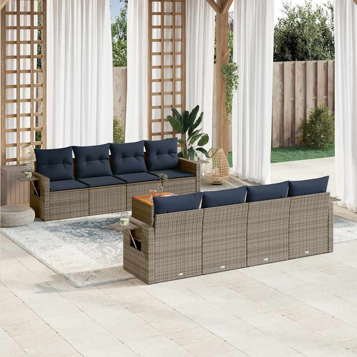 havesofasæt med 9 dele og hynder grå polyrattan