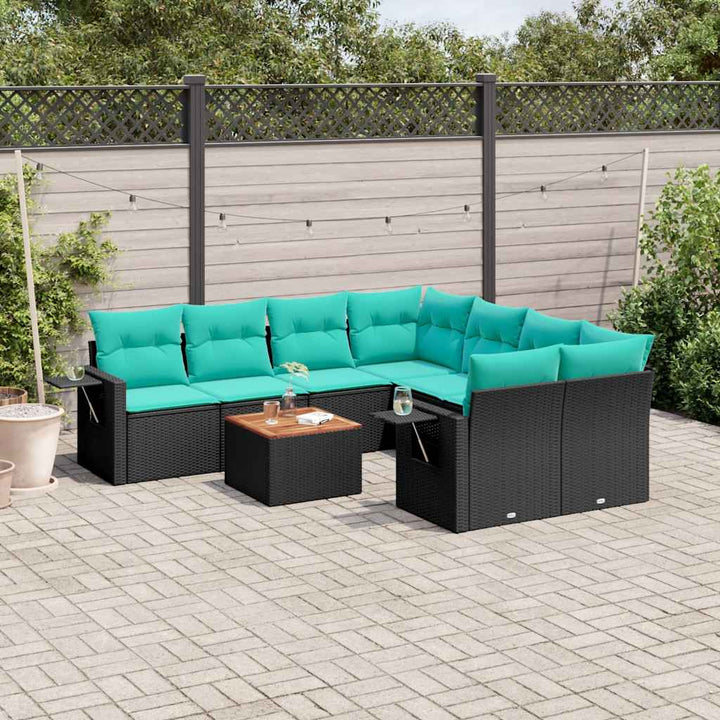 havesofasæt med 9 dele og hynder sort polyrattan
