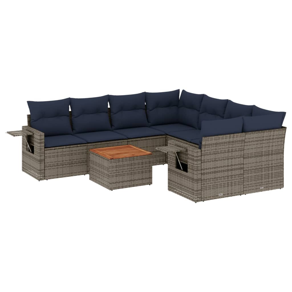 havesofasæt med 9 dele og hynder grå polyrattan