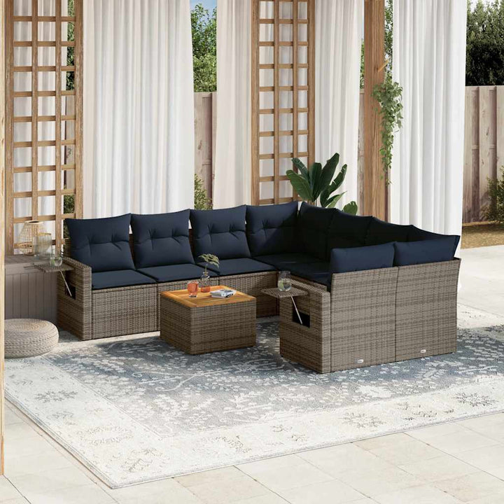 havesofasæt med 9 dele og hynder grå polyrattan