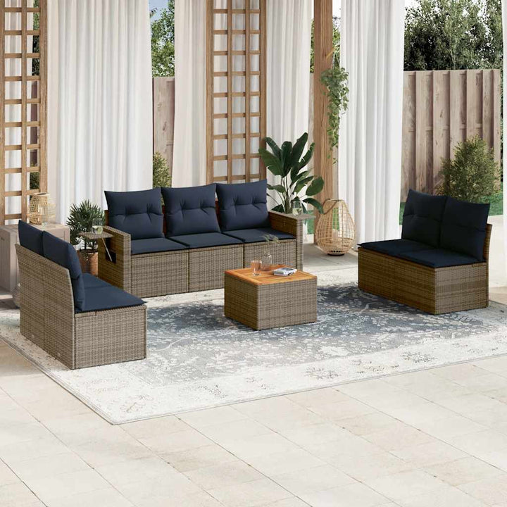 havesofasæt med 8 hynder grå polyrattan