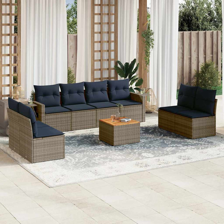 havesofasæt med 9 dele og hynder grå polyrattan