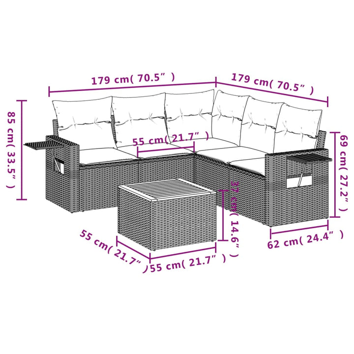 havesofasæt med 6 hynder sort polyrattan