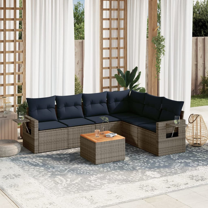 havesofasæt med 7 dele og hynder grå polyrattan