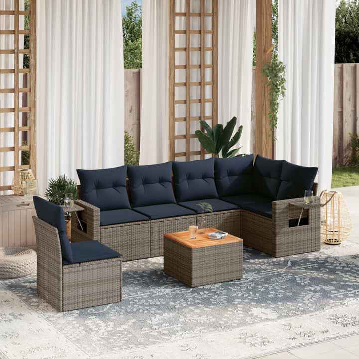 havesofasæt med 7 dele og hynder grå polyrattan