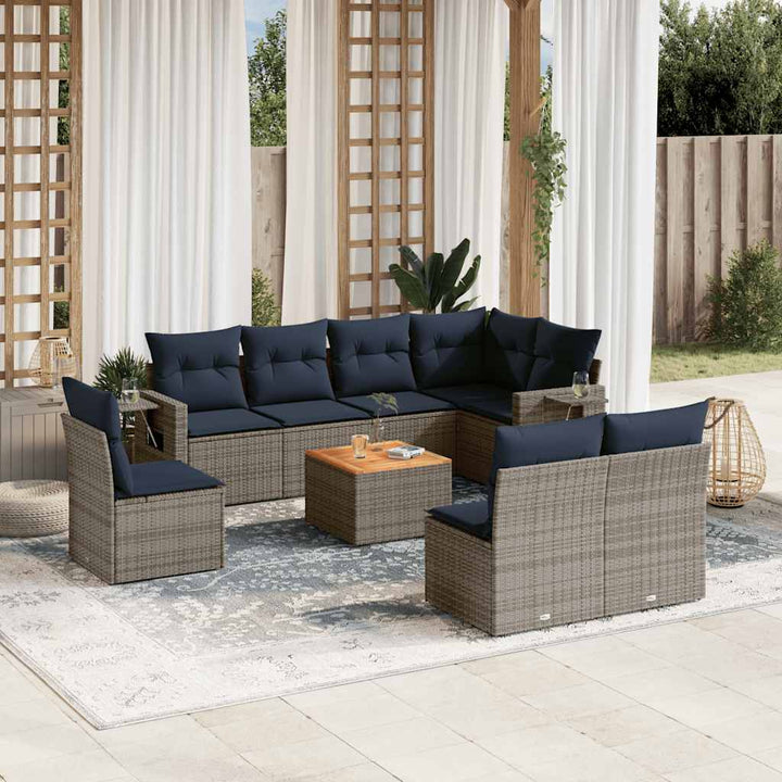 havesofasæt med 9 dele og hynder grå polyrattan