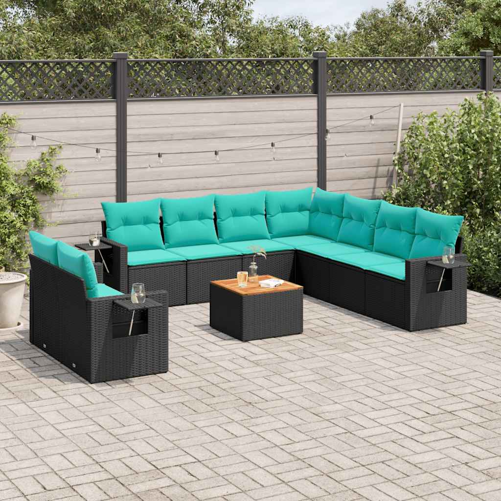 havesofasæt med 10 hynder sort polyrattan
